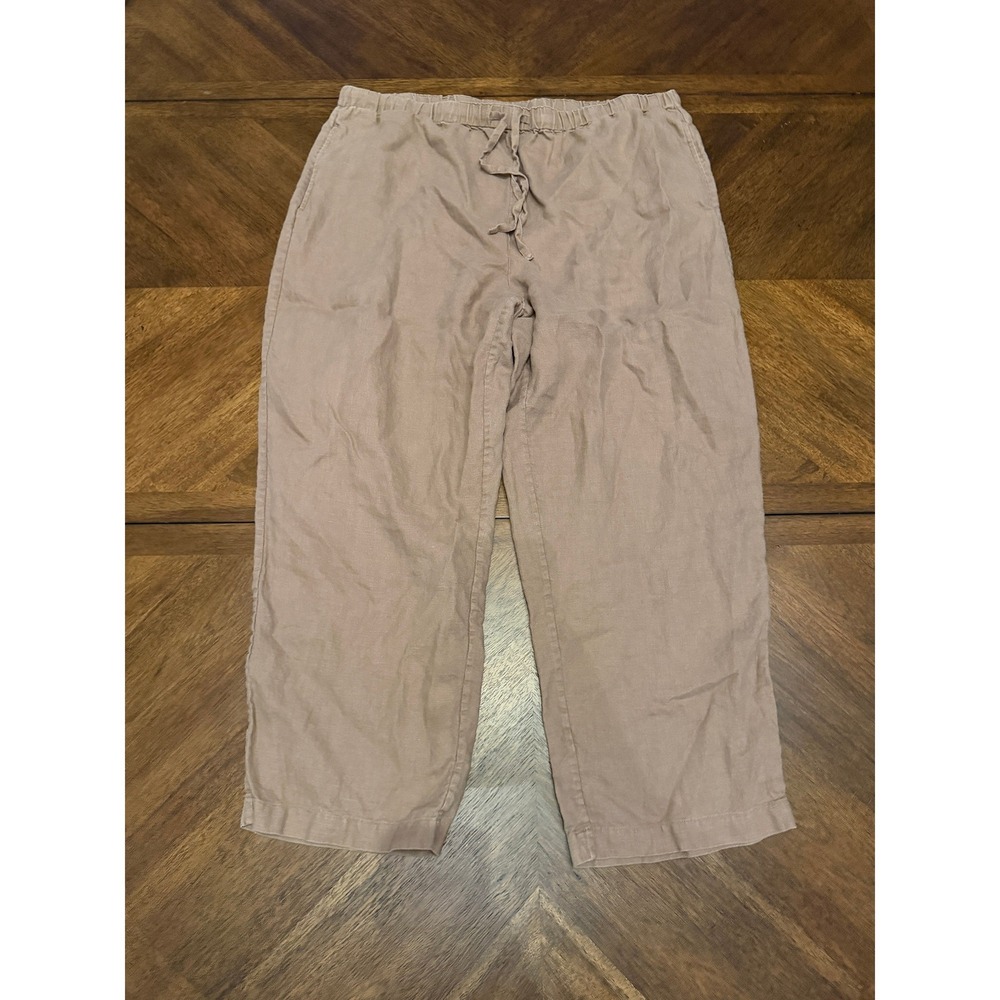 Orvis Linen Crop Pants Tan Khaki Drawstring Elastic Waist Petite XL PXL